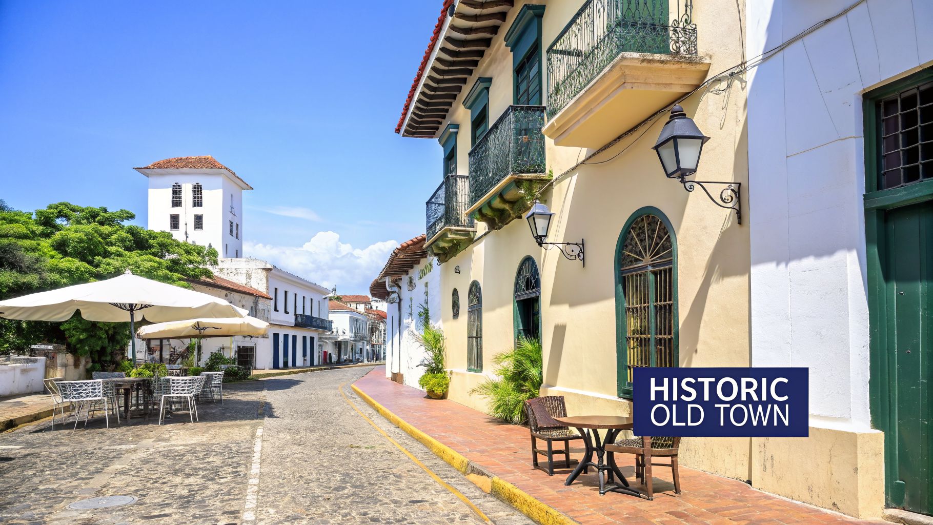 A vibrant historic old town street with colonial buildings, outdoor cafes, and a white tower under a clear blue sky.