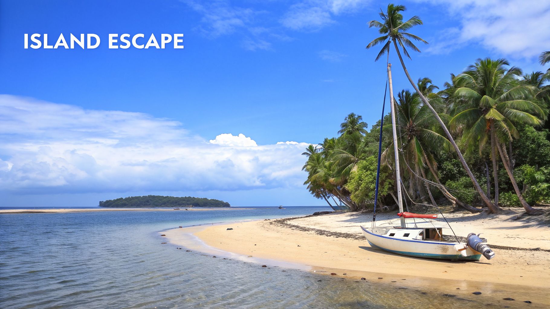 A picturesque tropical beach featuring a beached sailboat, swaying palm trees, calm ocean, and distant island.