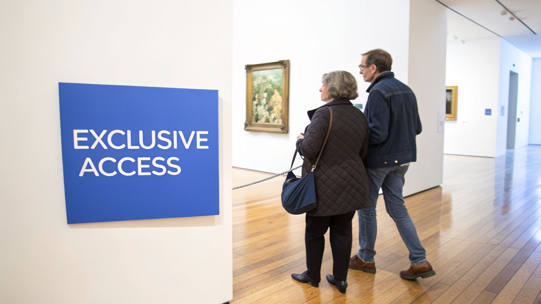 An older couple observes paintings in a museum with a blue 'Exclusive Access' sign.