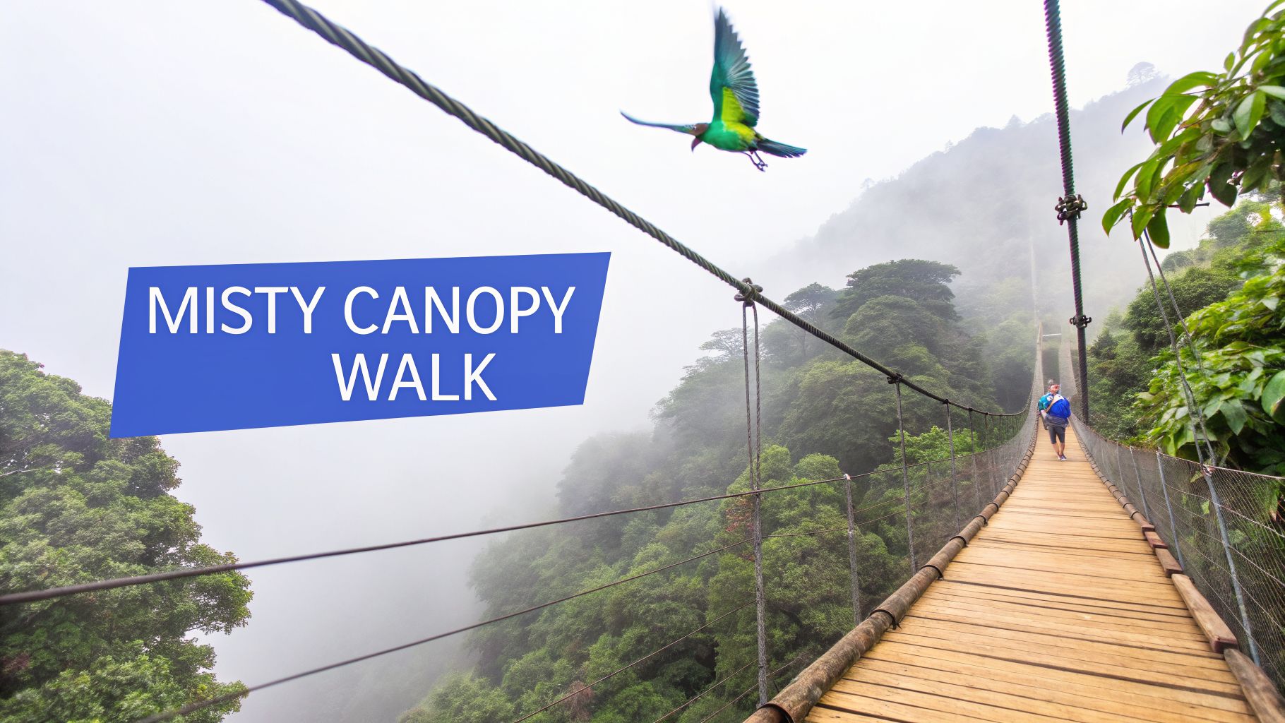 A person walks on a wooden suspension bridge above a misty green forest canopy, with a bird flying.