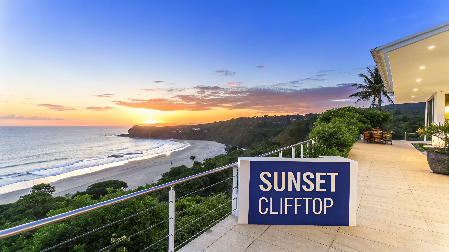 Panoramic view of a vibrant sunset over a tropical beach and ocean from a luxurious clifftop.