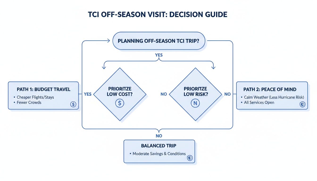 Decision guide flowchart for planning an off-season TCI trip, considering cost, risk, and balance.