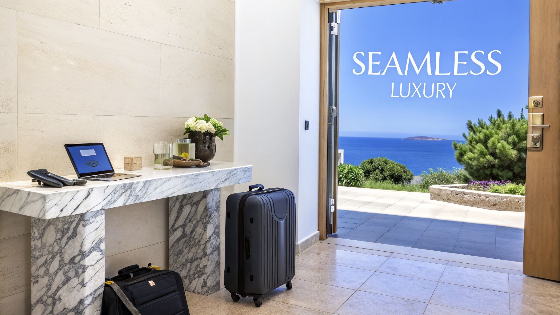 A luxurious hotel entry with marble table, laptop, luggage, and open door revealing a stunning ocean view.