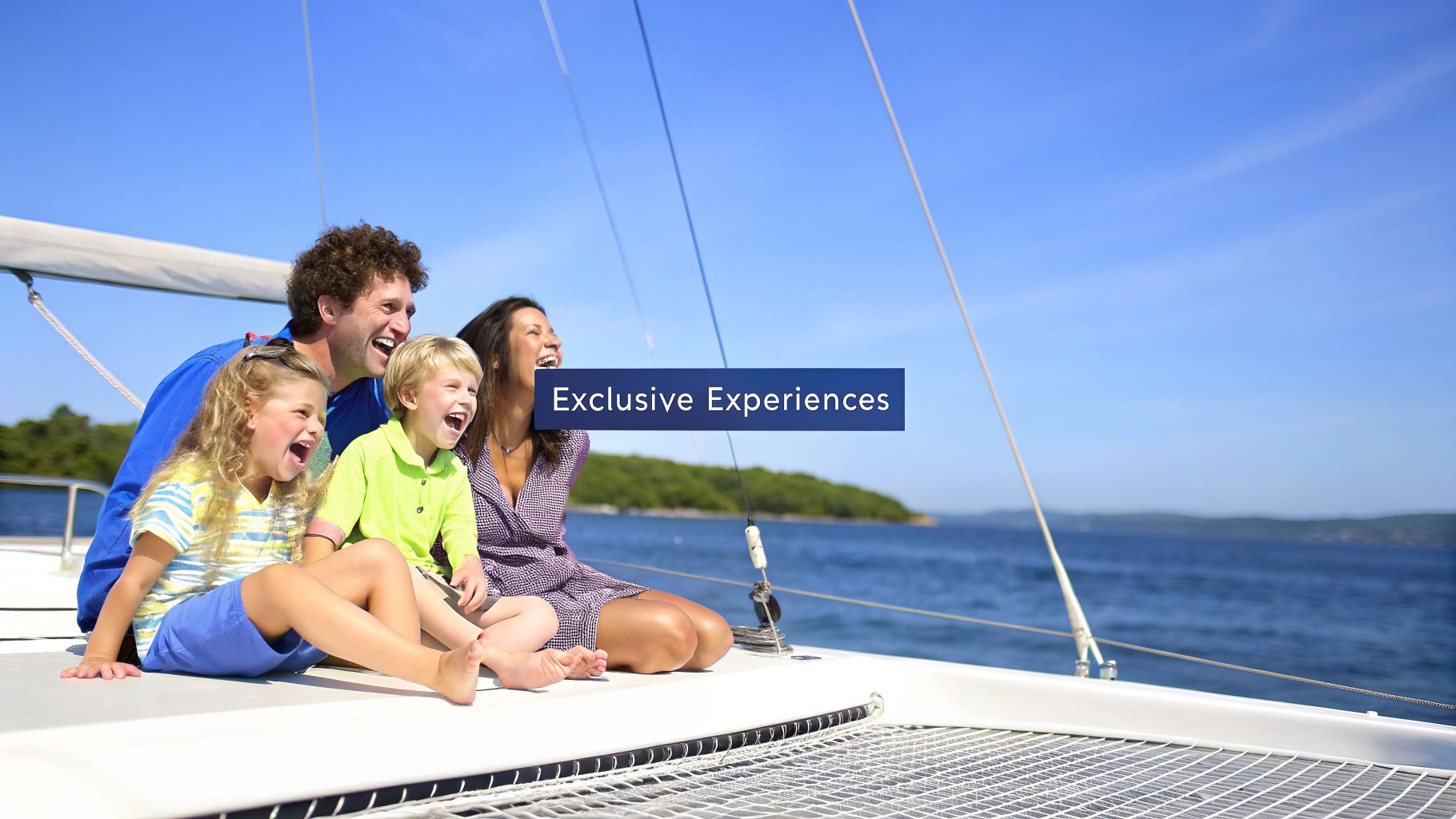 A happy family laughs joyfully on a catamaran, enjoying exclusive sailing experiences on a sunny day.