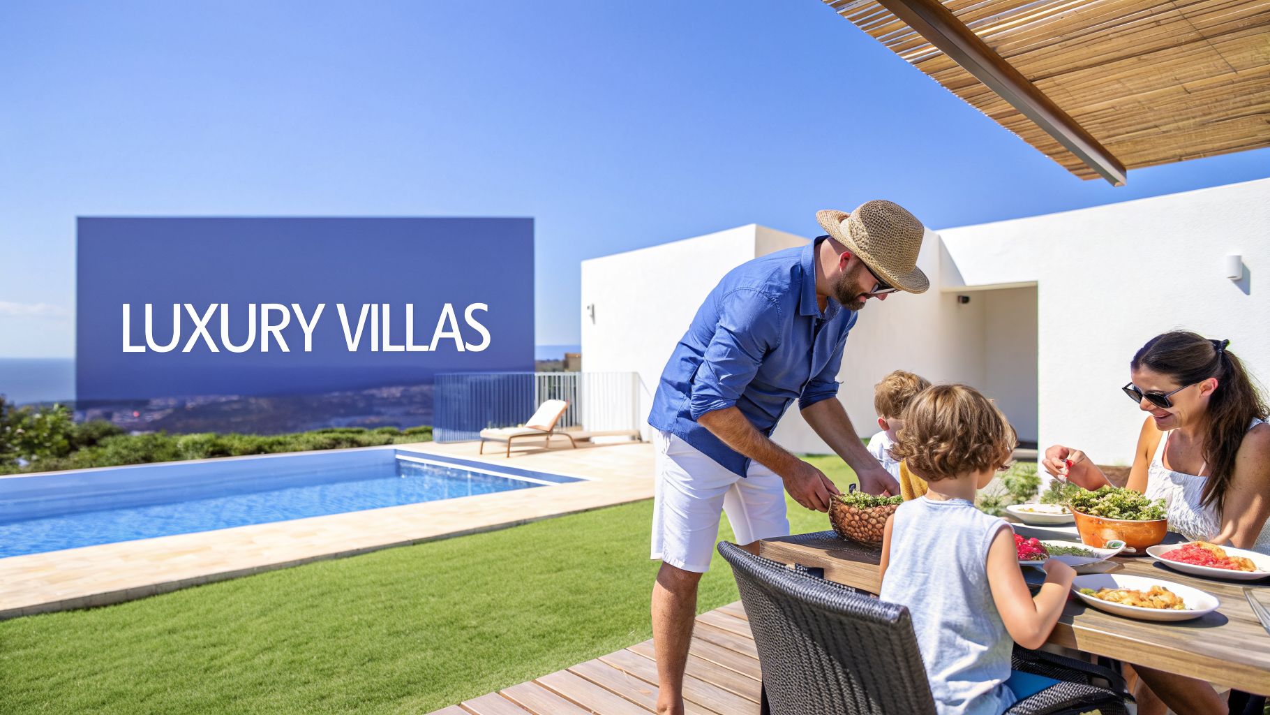 Family enjoys a poolside meal with a scenic ocean view at their luxury villa.