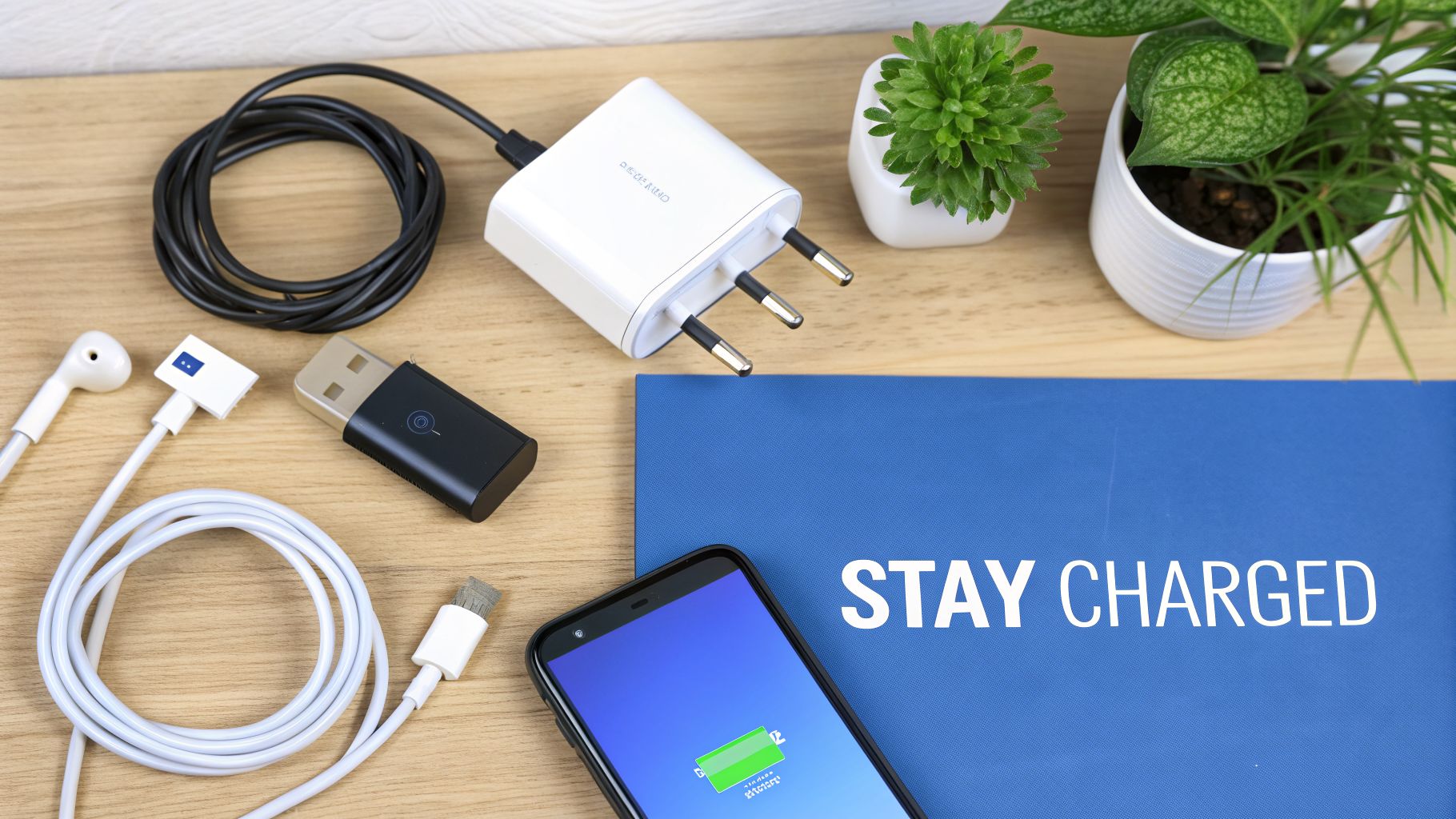 Various charging accessories, a smartphone with a charging battery, and plants on a wooden desk.