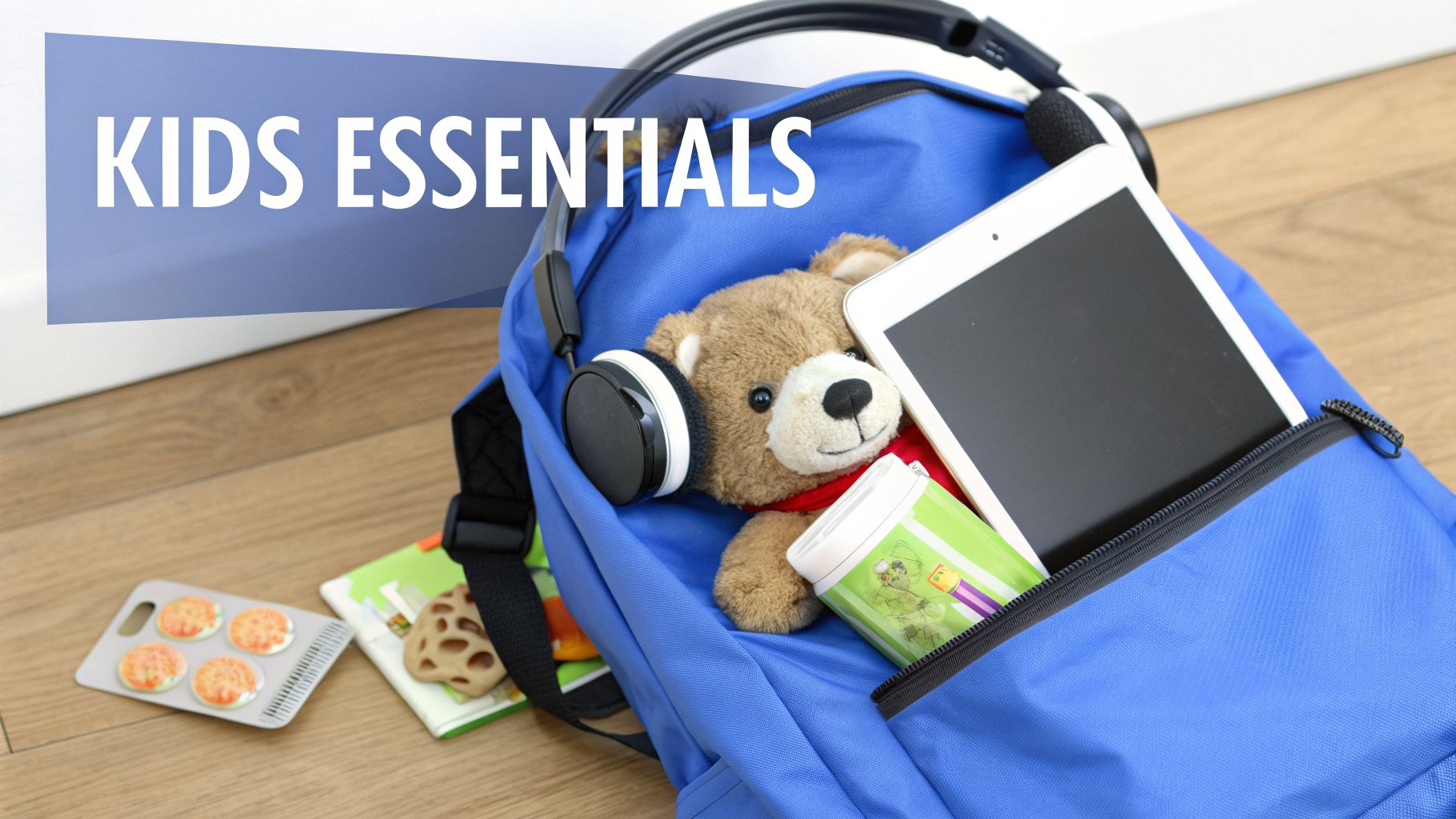 A travel first aid kit, prescription bottles, and other wellness supplies laid out on a wooden surface.