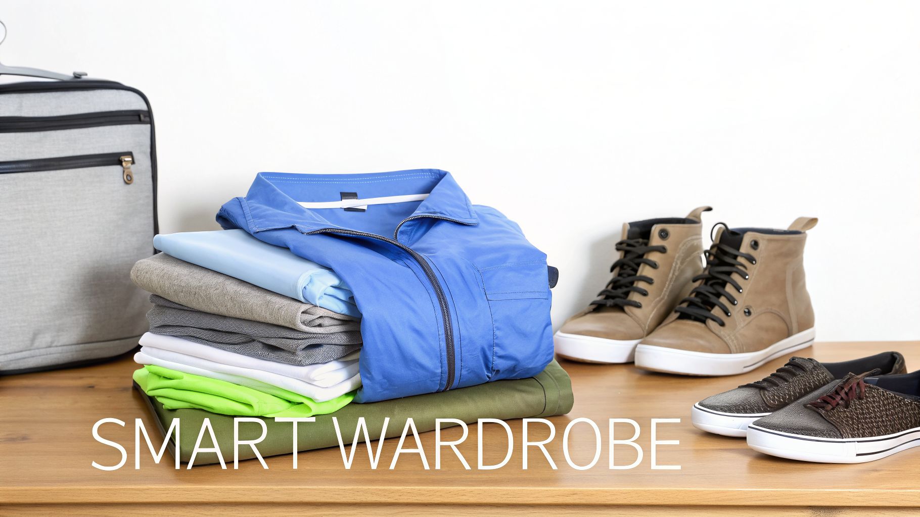 A neatly packed smart wardrobe with folded clothes, a suitcase, and two pairs of shoes on a wooden table.