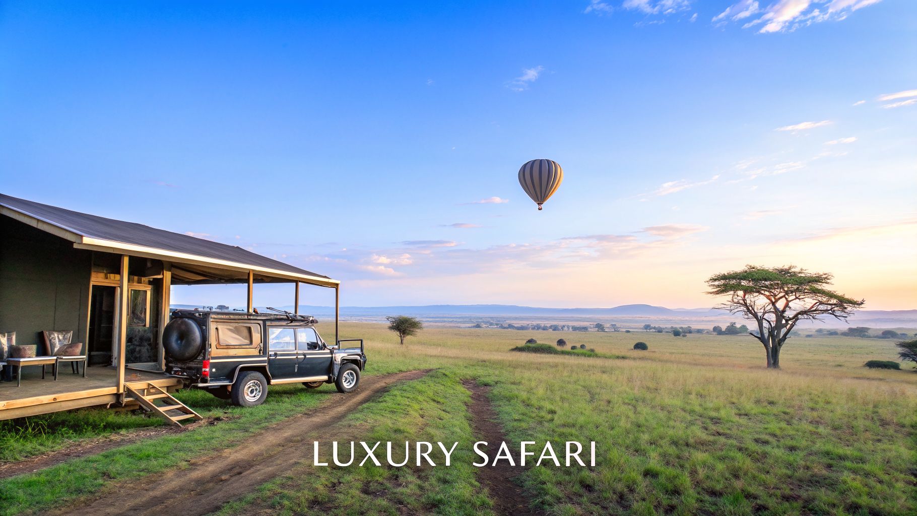A luxury safari tent and vehicle in the African savanna with a hot air balloon at sunrise.