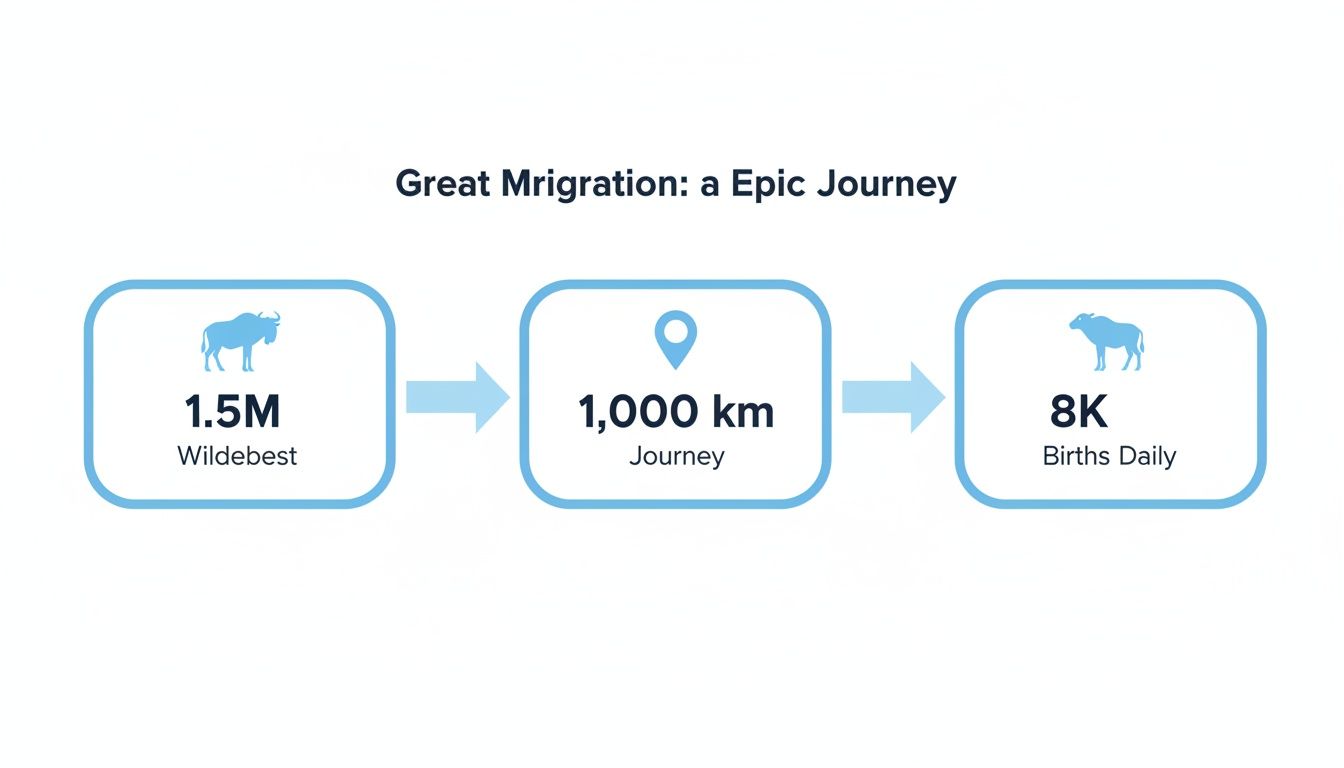 Infographic detailing the Great Migration, showing 1.5 million wildebeest, a 1,000 km journey, and 8,000 daily births.
