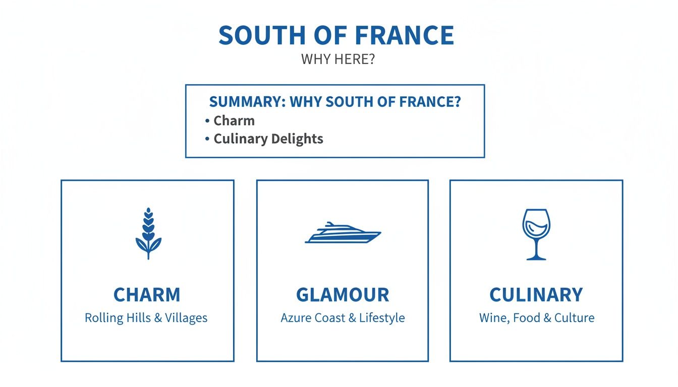 Infographic highlighting reasons to visit the South of France: charm, glamour, and culinary experiences.