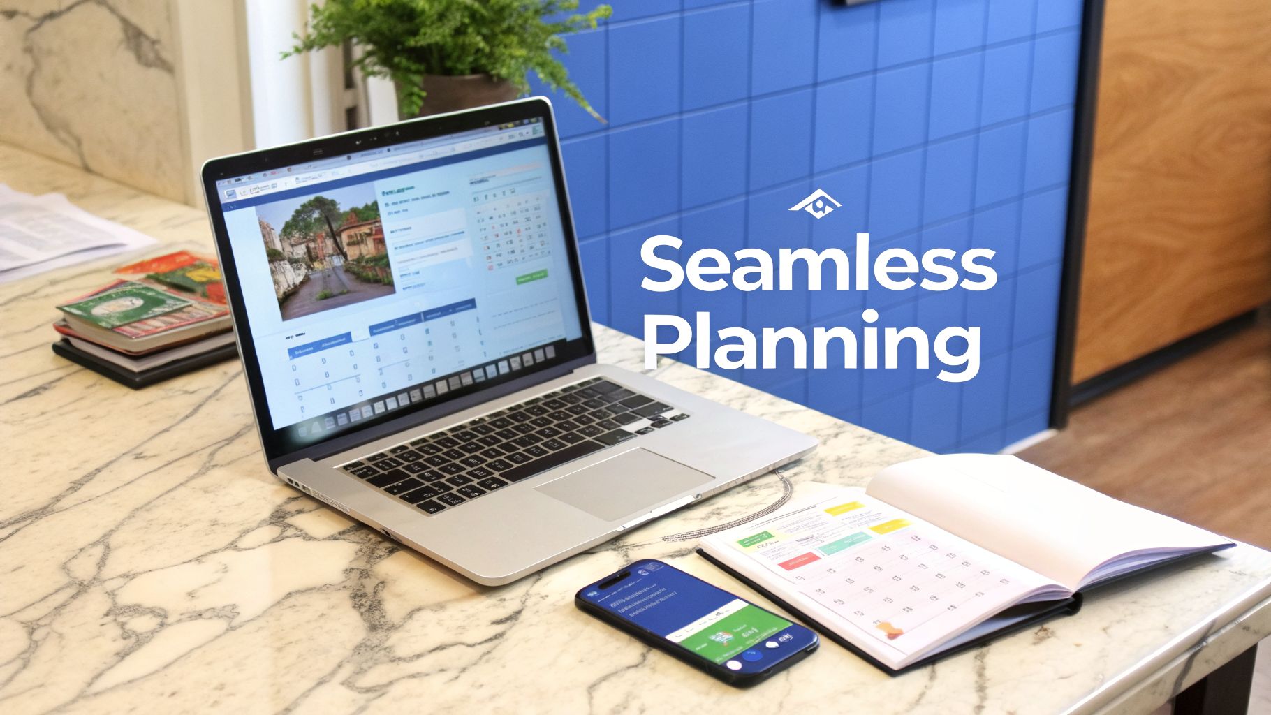 Laptop, smartphone, and planner on a marble desk, showcasing seamless planning across devices.
