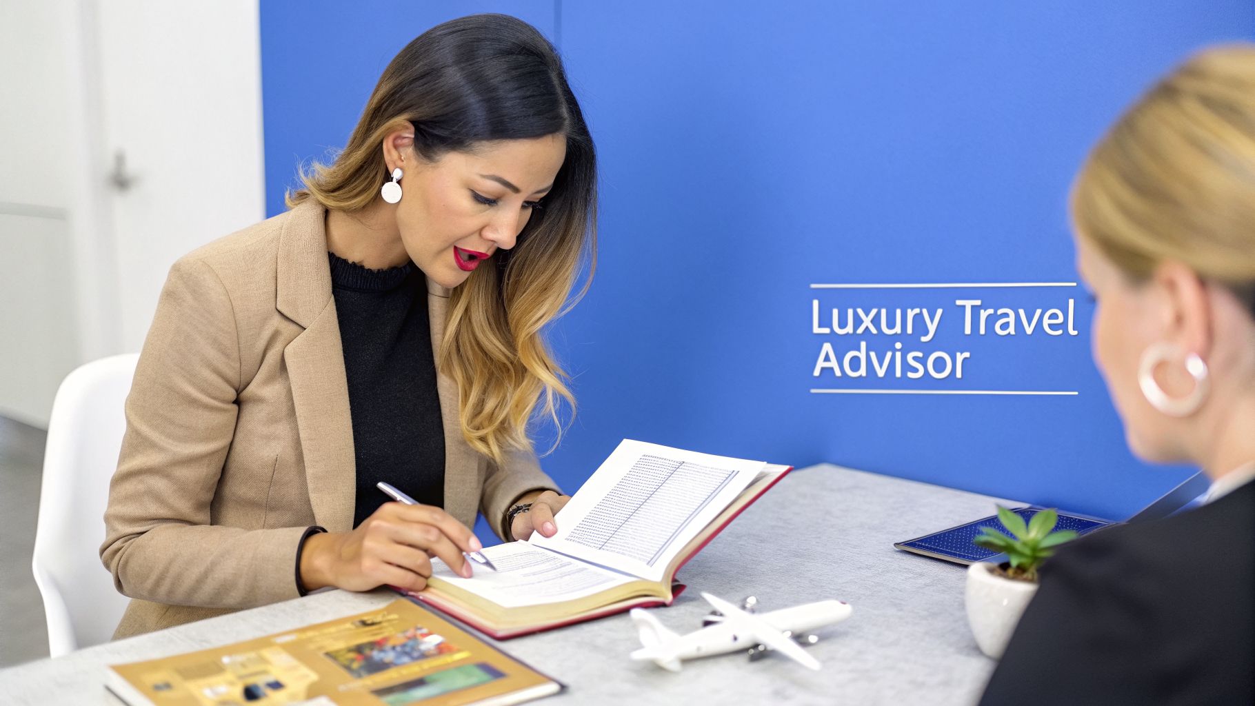 A luxury travel advisor helps a client, writing notes on a document with a miniature airplane nearby.