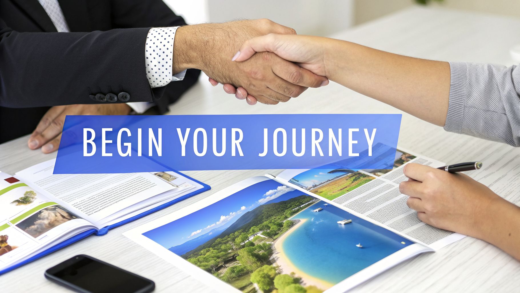 Two people shaking hands over a table with travel brochures, symbolizing the start of a journey.