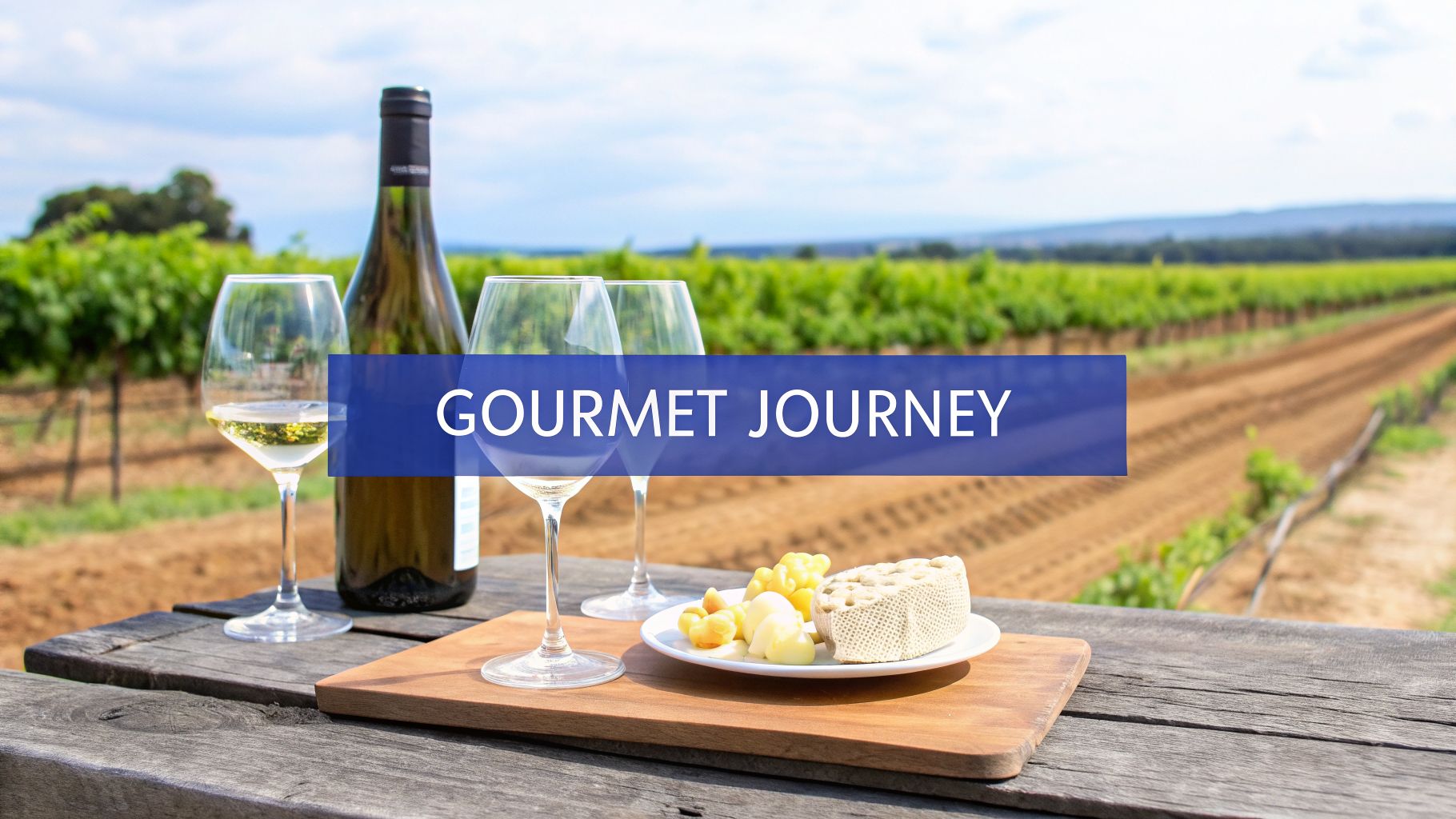 Wine bottle, glasses, and a cheese platter on a rustic table in a sunny vineyard, featuring a 'Gourmet Journey' banner.