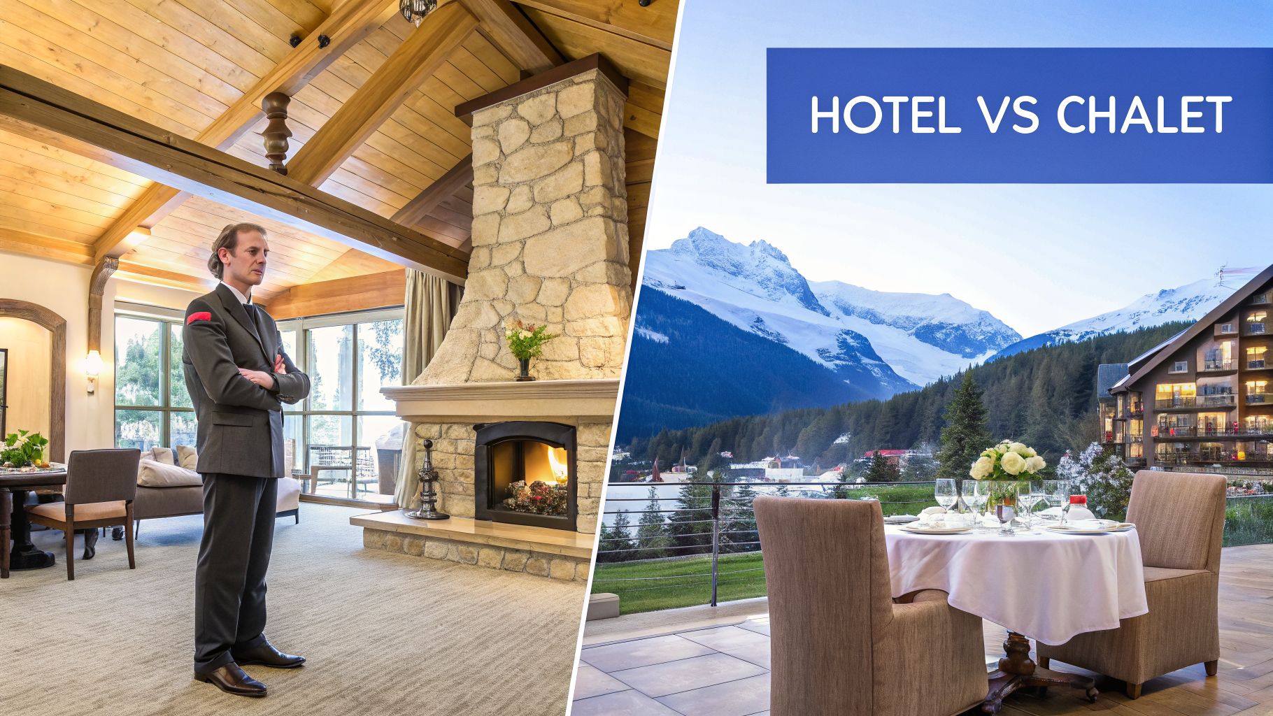 A split image comparing a luxurious chalet interior with a staff member and a scenic hotel balcony overlooking snowy mountains.