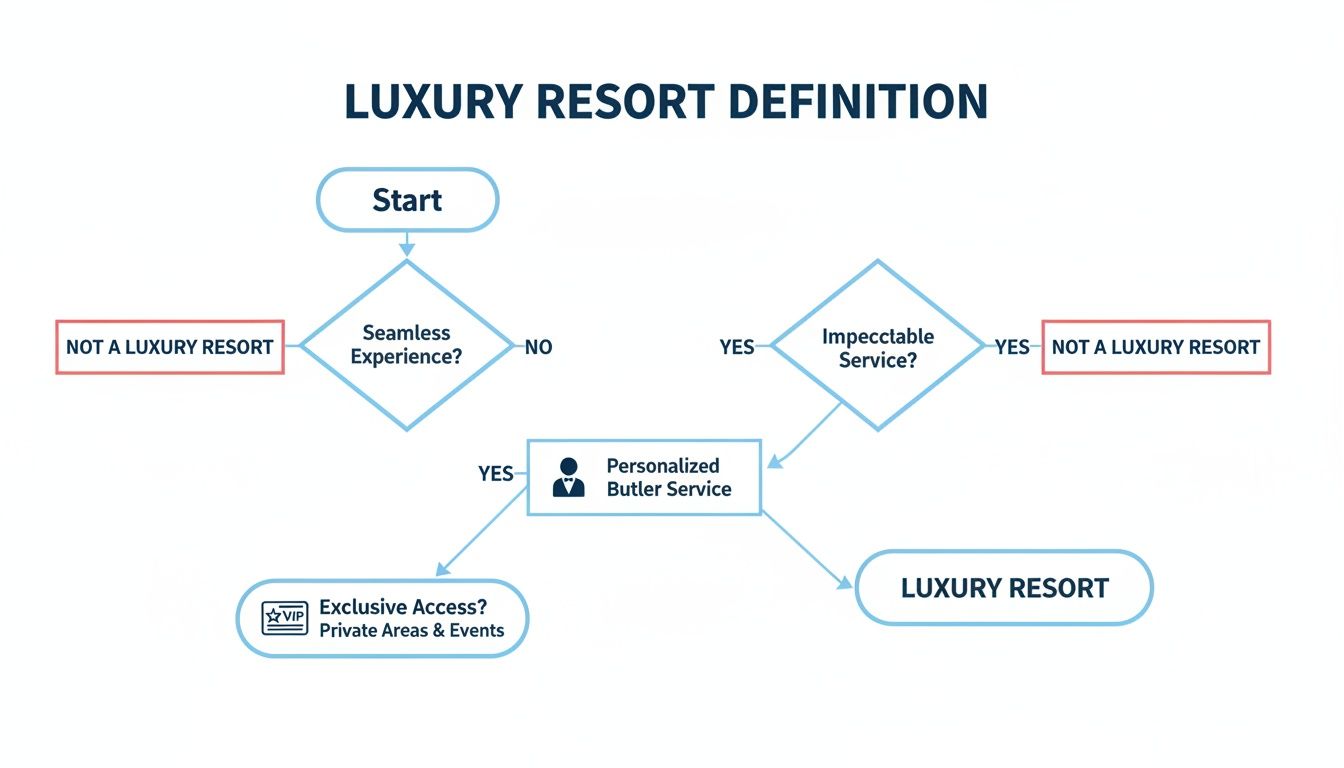 Flowchart defining a luxury resort based on seamless experience, impeccable service, butler service, and exclusive access.