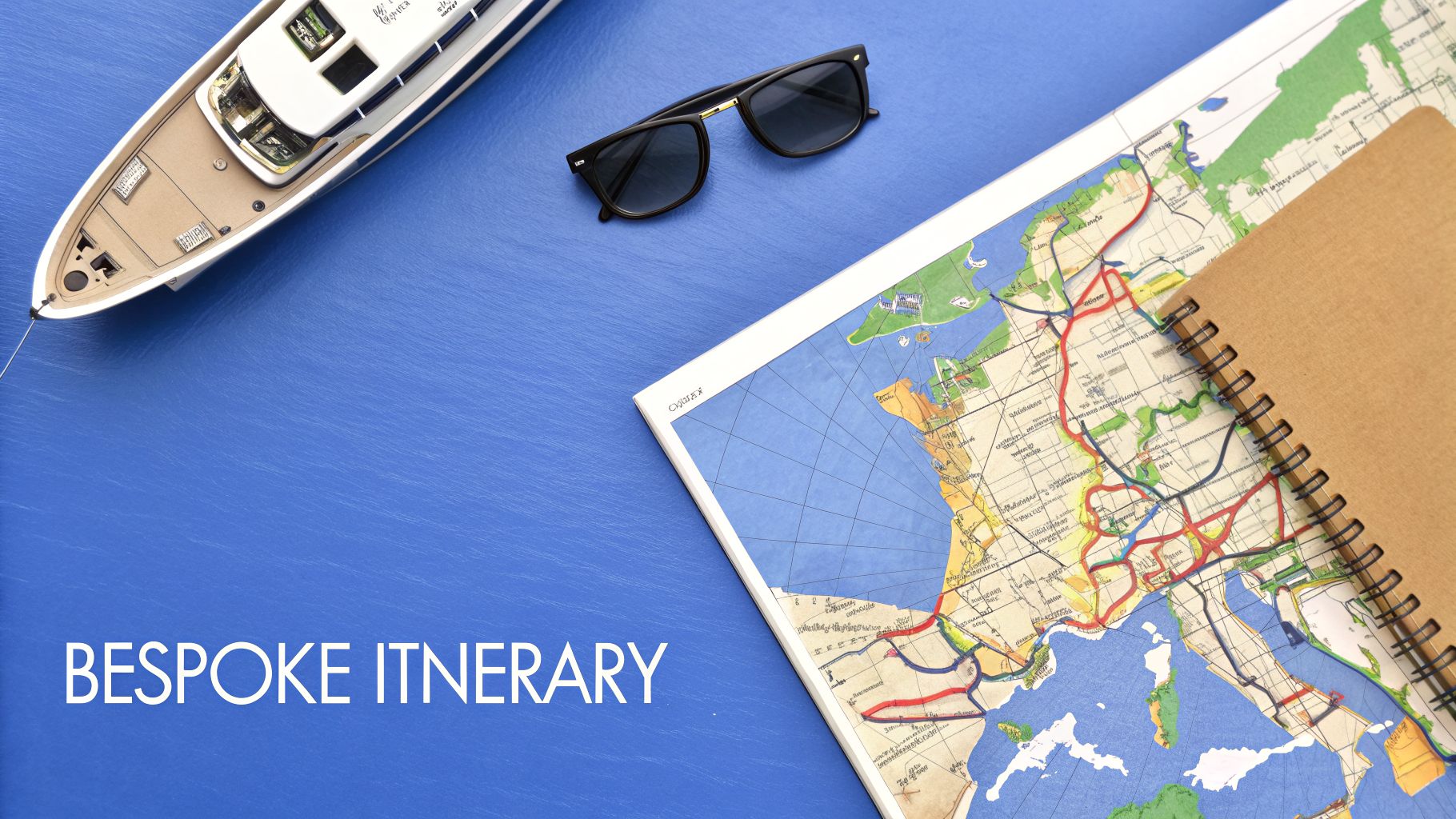 Overhead view of a yacht model, sunglasses, map, and notebook on a blue background, for bespoke travel.