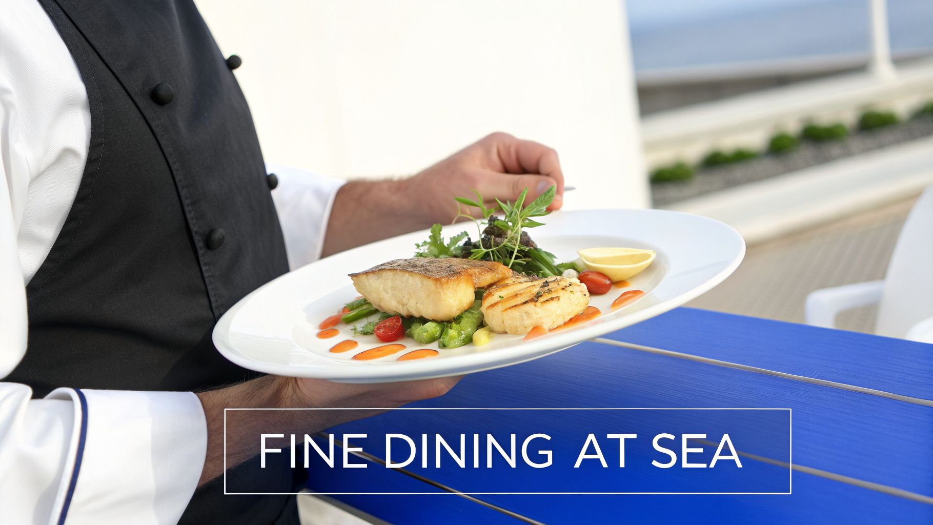 A chef serves a beautifully plated seafood dish with fish and scallops on a yacht deck, emphasizing fine dining.