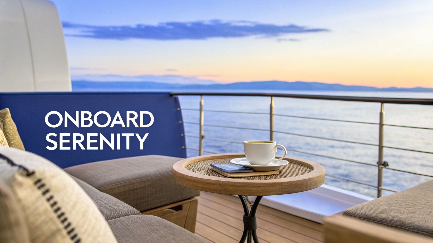 Enjoying a tranquil moment on a Ritz-Carlton yacht balcony with a coffee and ocean view.