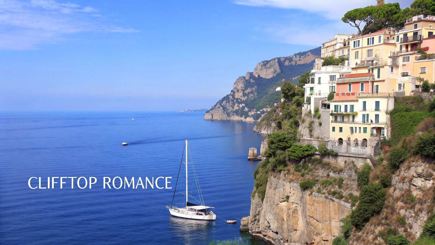 Charming colorful cliffside houses overlooking the blue Mediterranean Sea with sailboats on a sunny day.