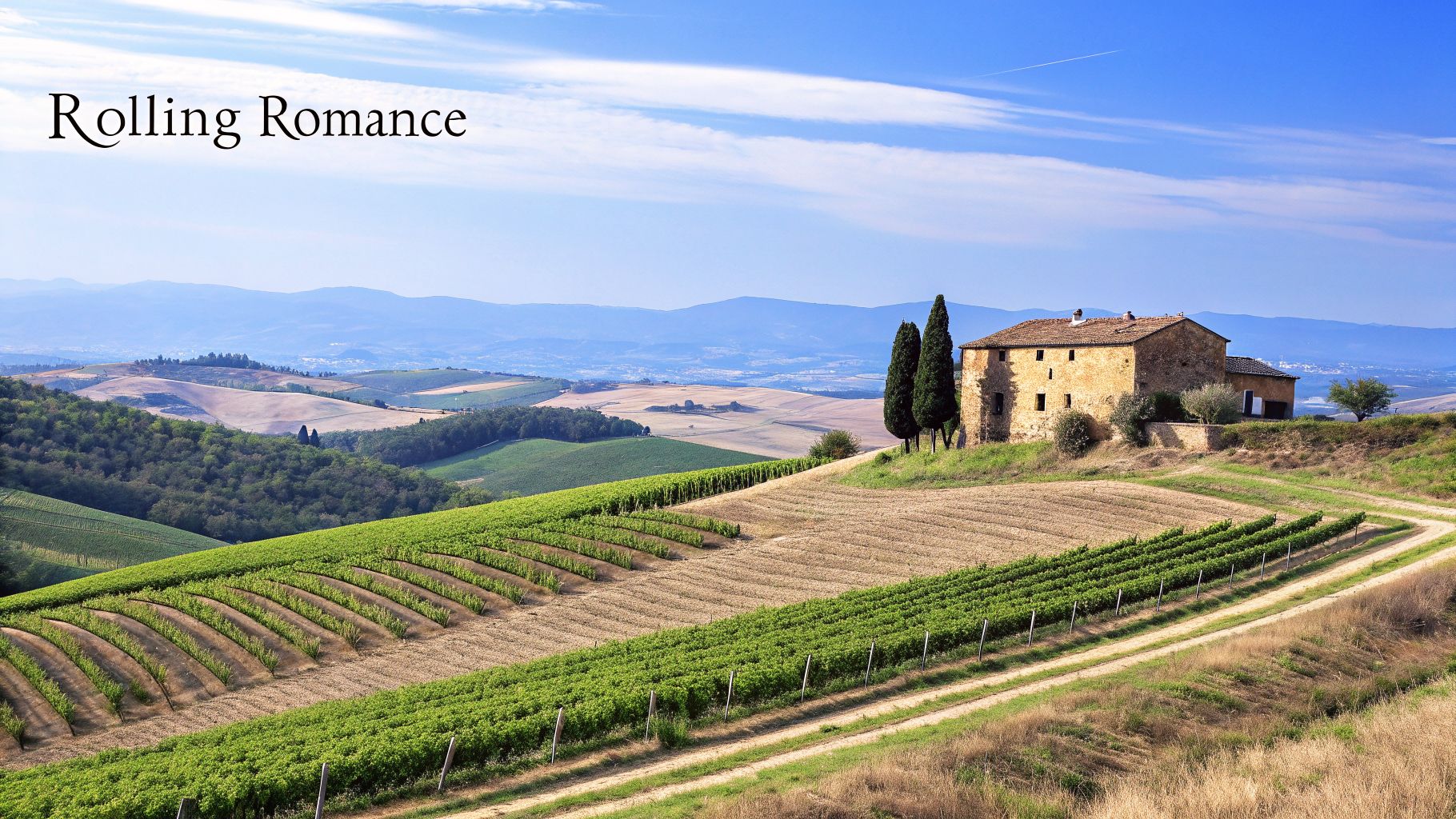 Picturesque Tuscan landscape with a historic stone farmhouse, vibrant vineyards, and rolling hills under a clear sky.