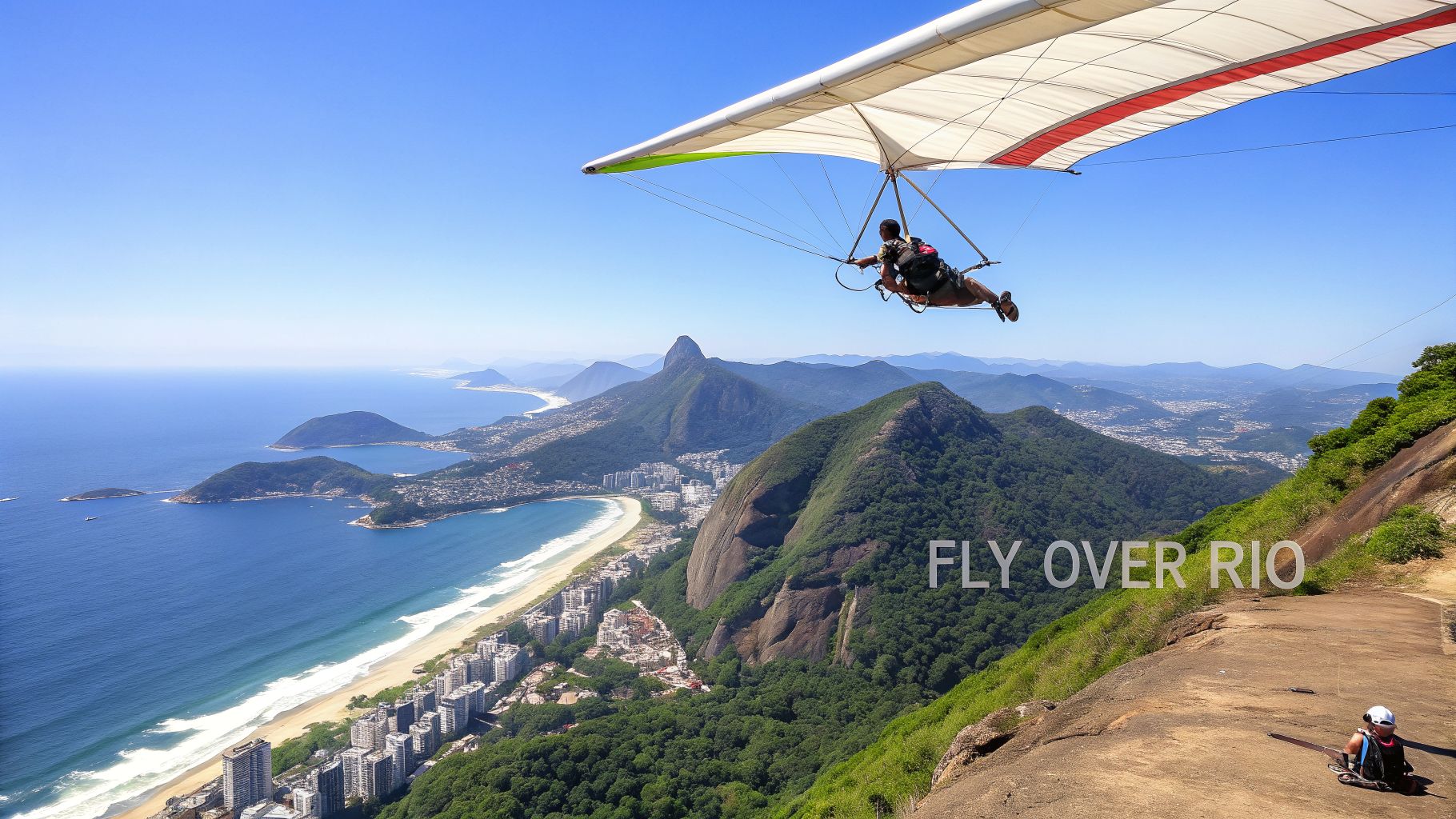 A person hang gliding high above Rio de Janeiro, overlooking the city, mountains, and beaches.