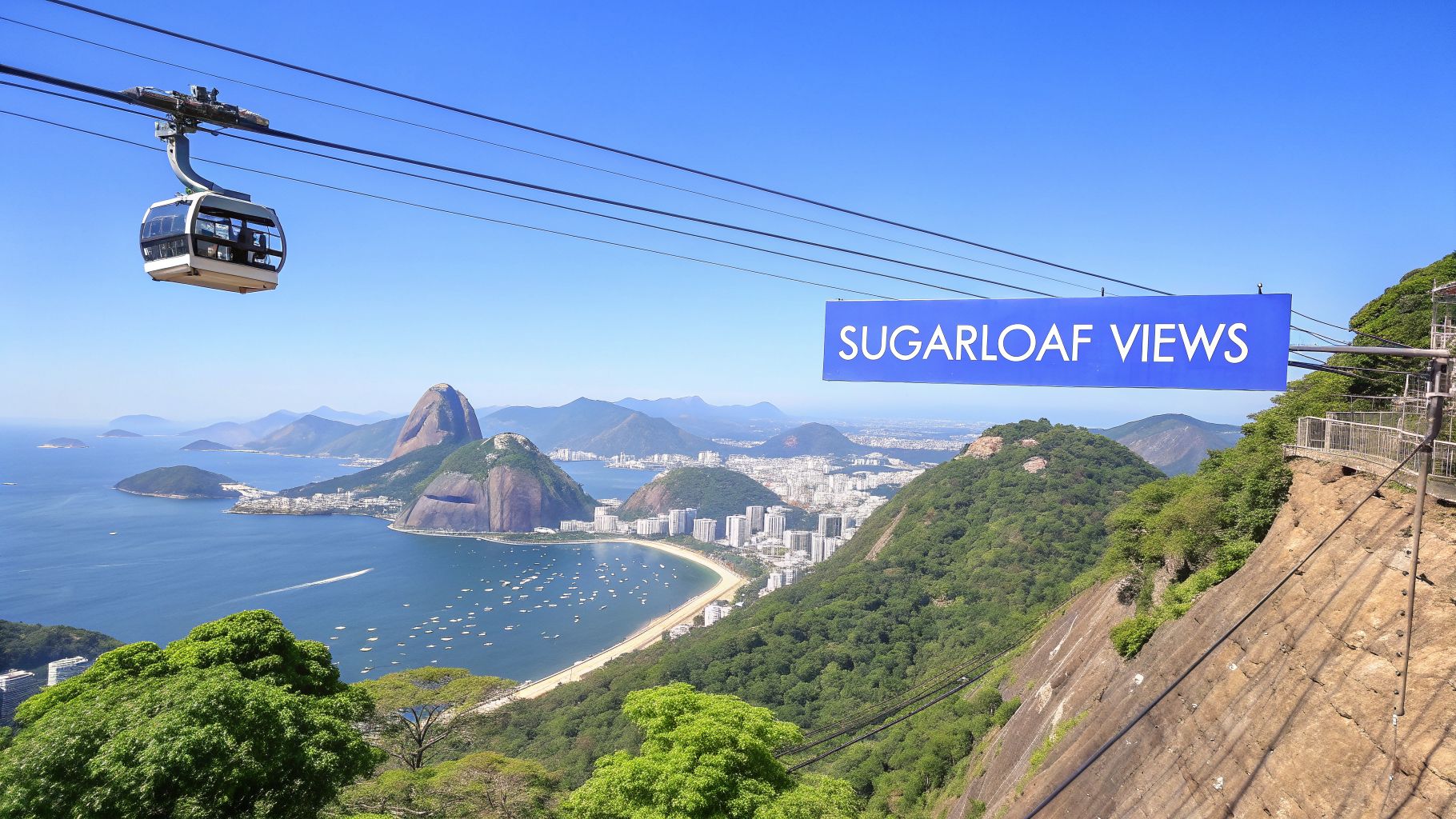 A cable car ascends over a panoramic view of Rio de Janeiro, showcasing Sugarloaf Mountain, a city bay, and lush hills.