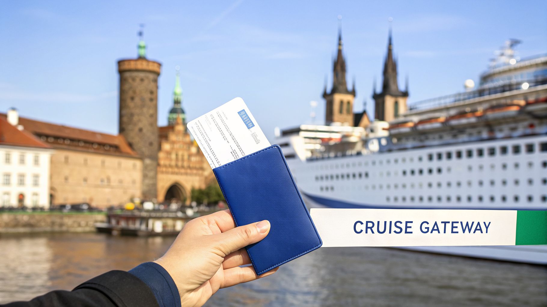 A hand holds cruise tickets and a passport holder against a backdrop of a city and a large cruise ship.