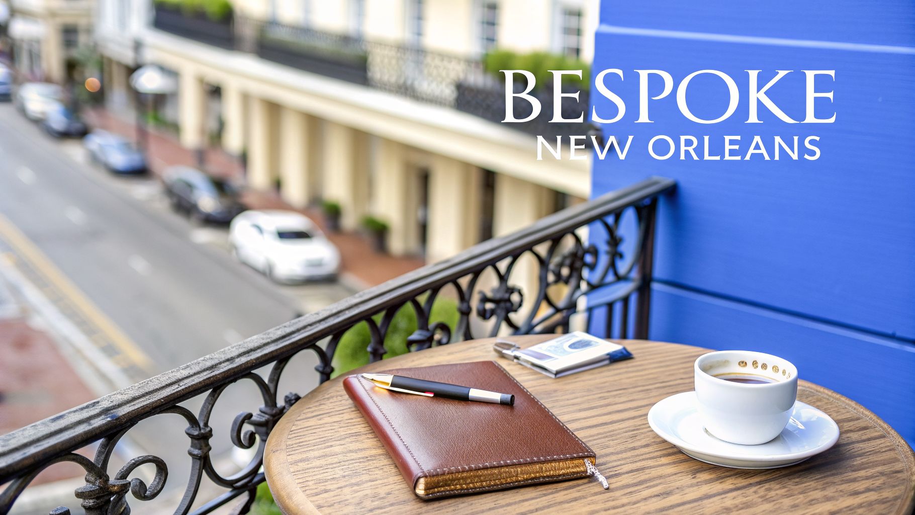Balcony view of a New Orleans street with coffee, a notebook, and the text 'Bespoke New Orleans'.