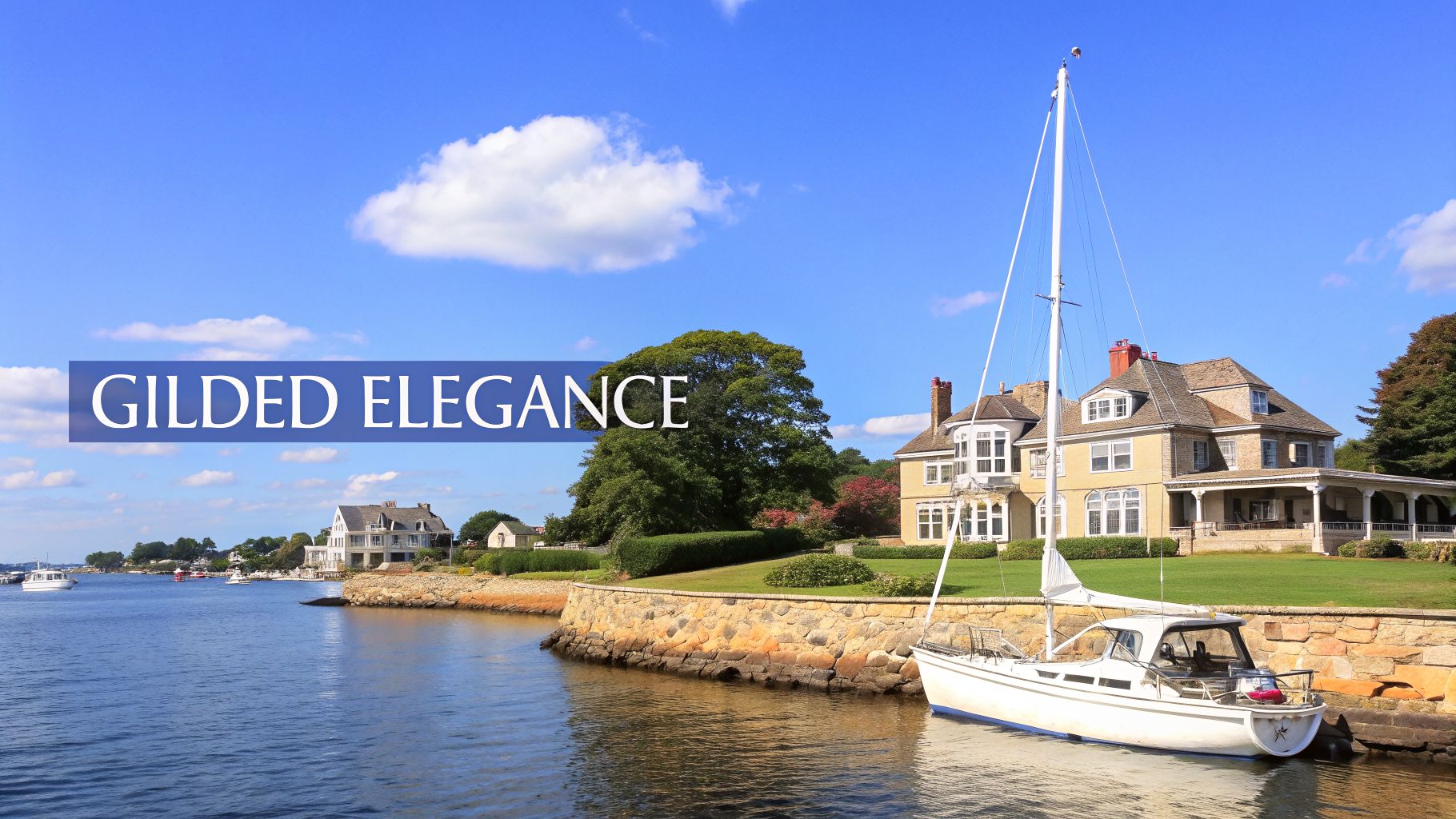 A large, elegant waterfront mansion with a sailboat docked on a sunny day.