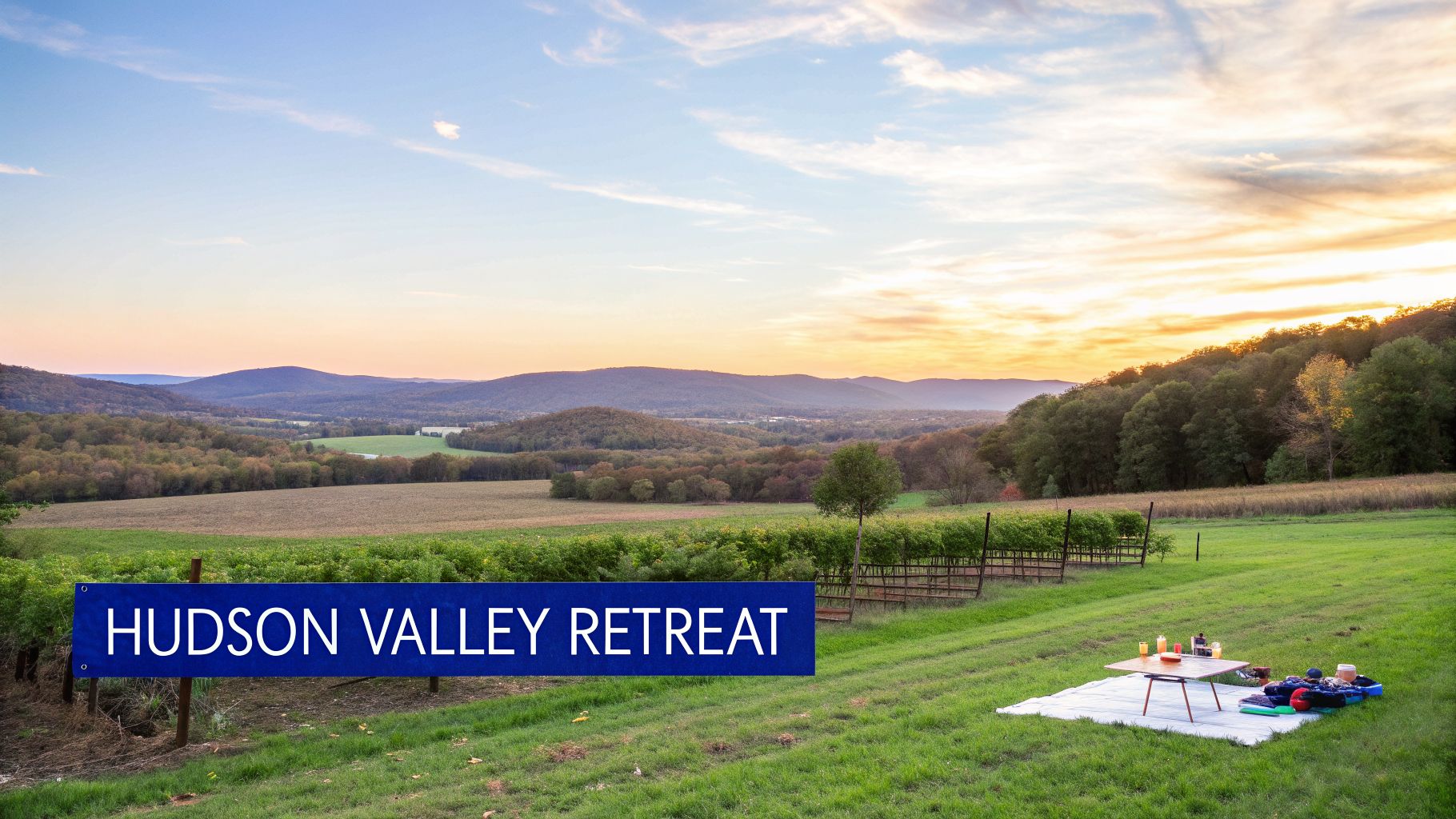 Scenic sunset over Hudson Valley, featuring rolling hills, green fields, and a picnic setup.
