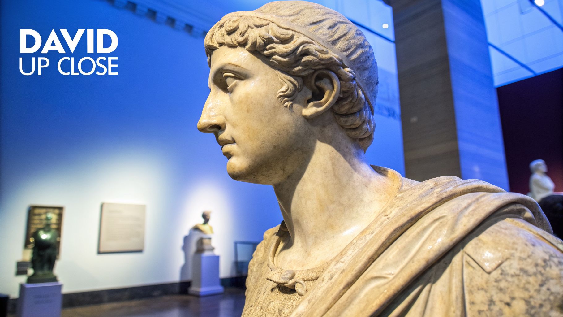 A detailed profile of a classical marble bust of a young man in a museum with blue lighting.