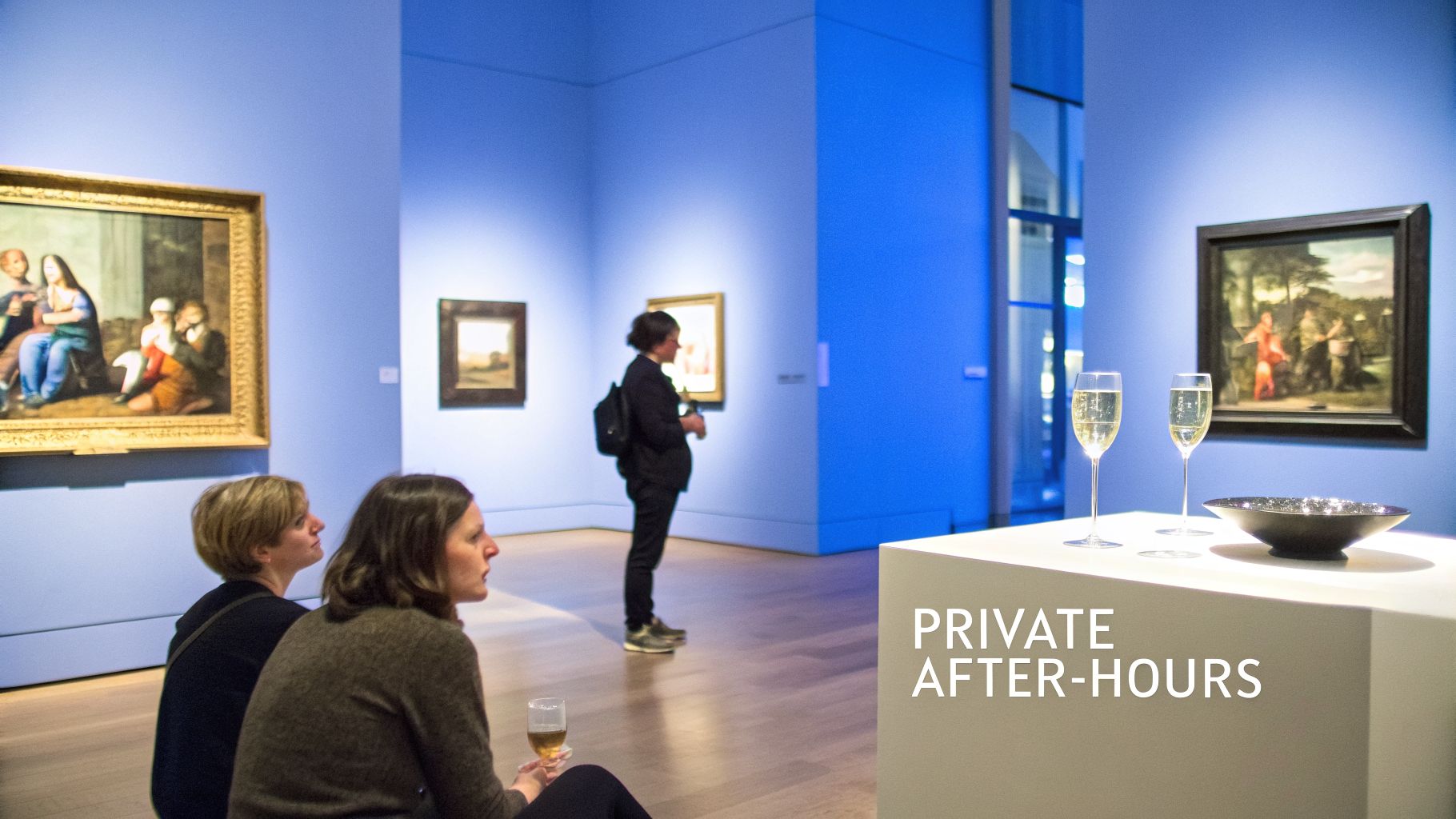 People enjoying a private after-hours event in an art gallery with paintings and champagne.