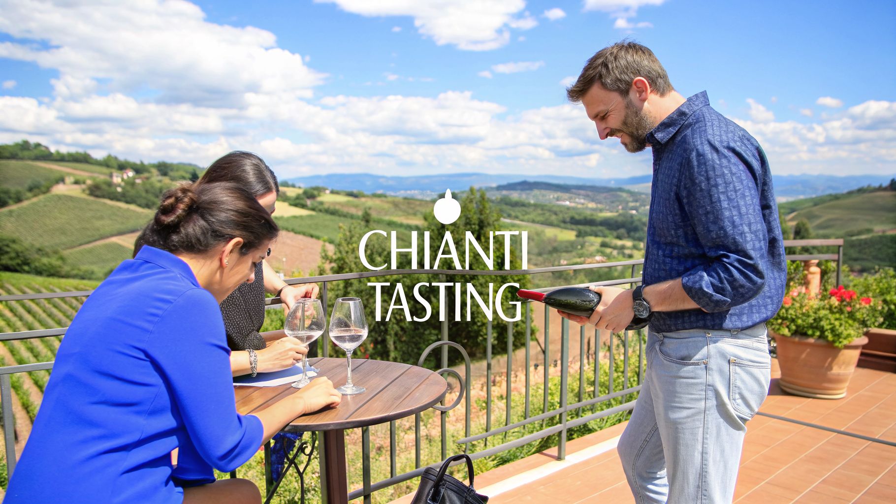 People enjoying a Chianti wine tasting on a scenic terrace overlooking Italian vineyards.