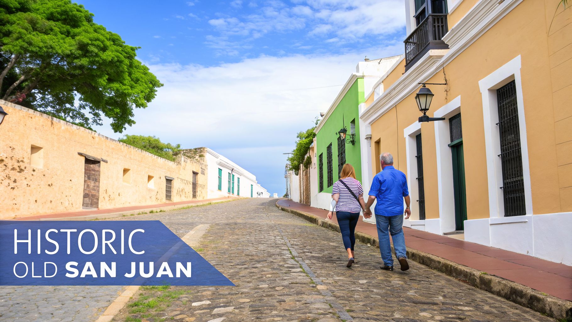 A couple walks hand-in-hand on a historic cobblestone street lined with colorful buildings in Old San Juan.