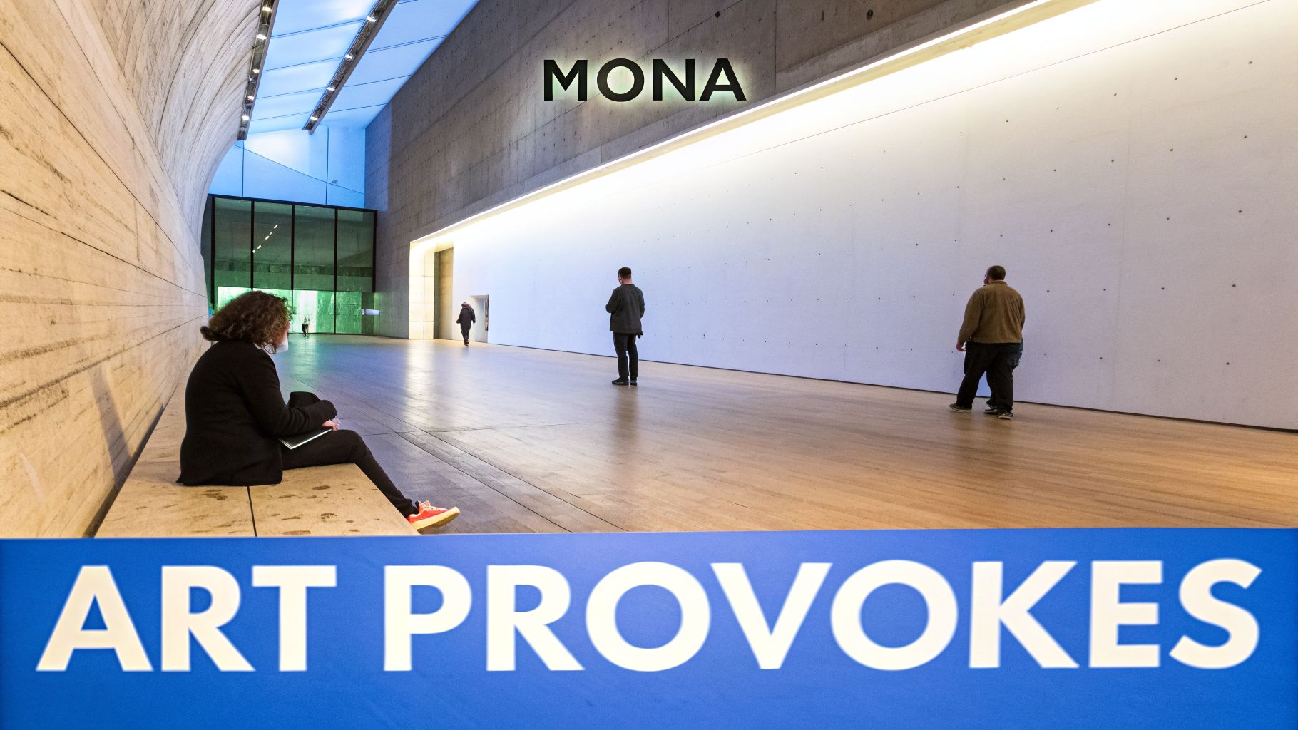 People inside the modern MONA museum in Tasmania, featuring unique architecture and an 'Art Provokes' sign.