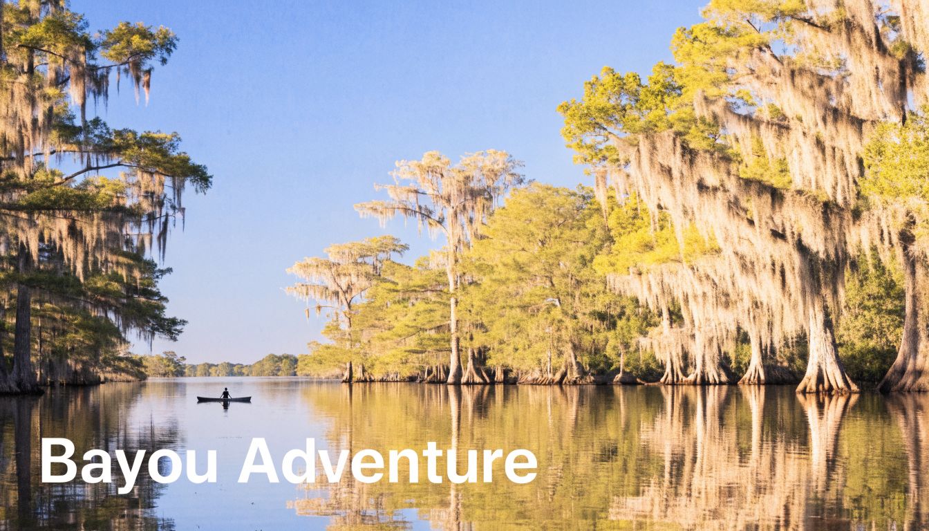A lone person paddles a small canoe through a peaceful, sunlit Louisiana bayou with moss-covered cypress trees.