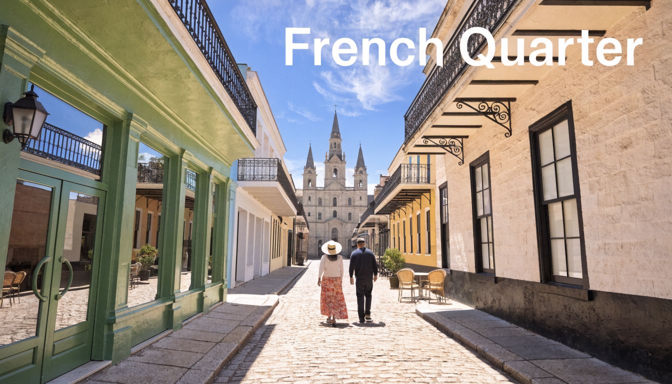 A couple walks down a cobblestone street in the French Quarter towards a historic church building.