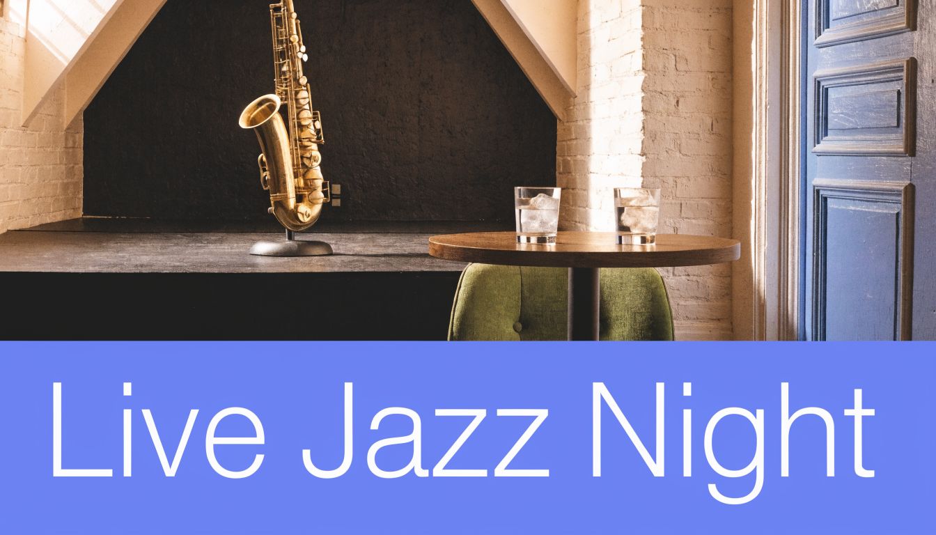 A gold saxophone stands on a stage next to a small table with two drinks for jazz night.
