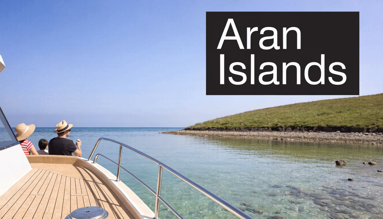 A family on a boat looking at the coastline of the Aran Islands in Ireland.