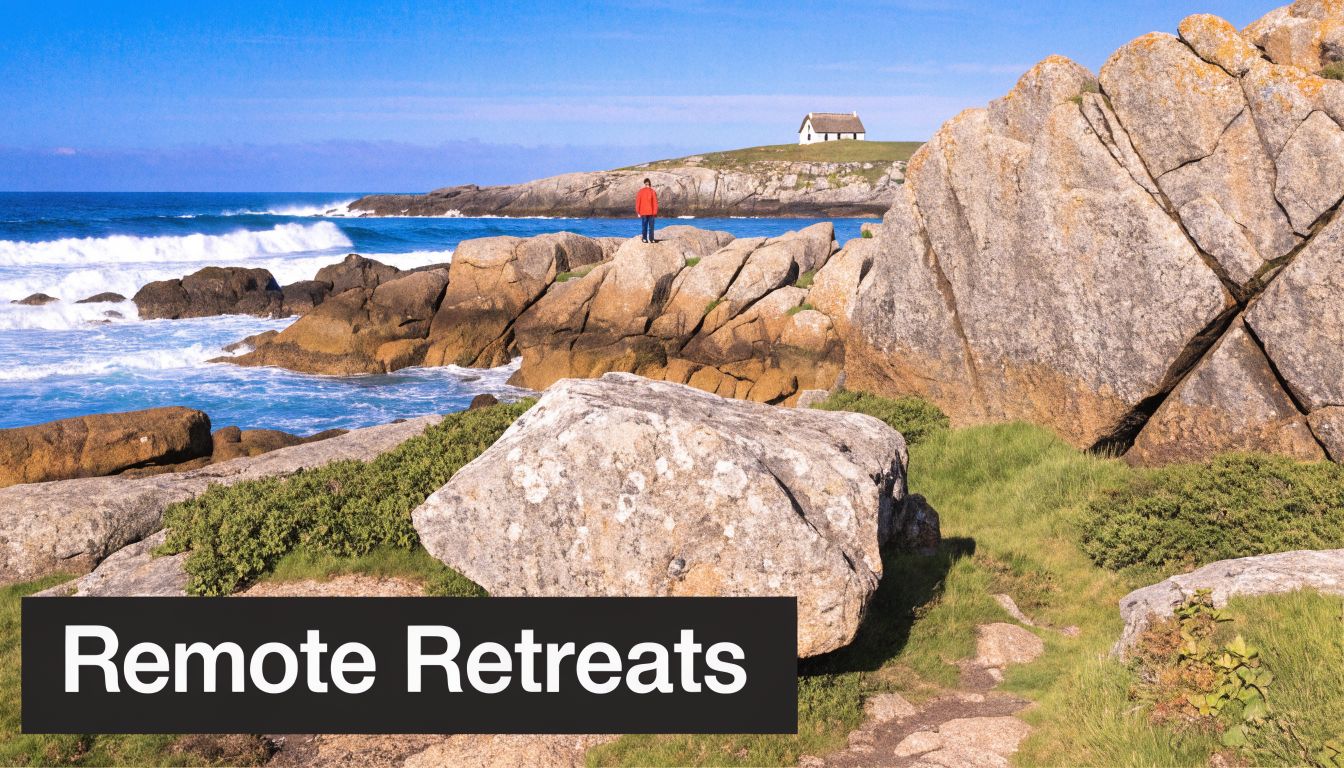 A person in a red jacket stands on coastal rocks overlooking the ocean near a small cottage.