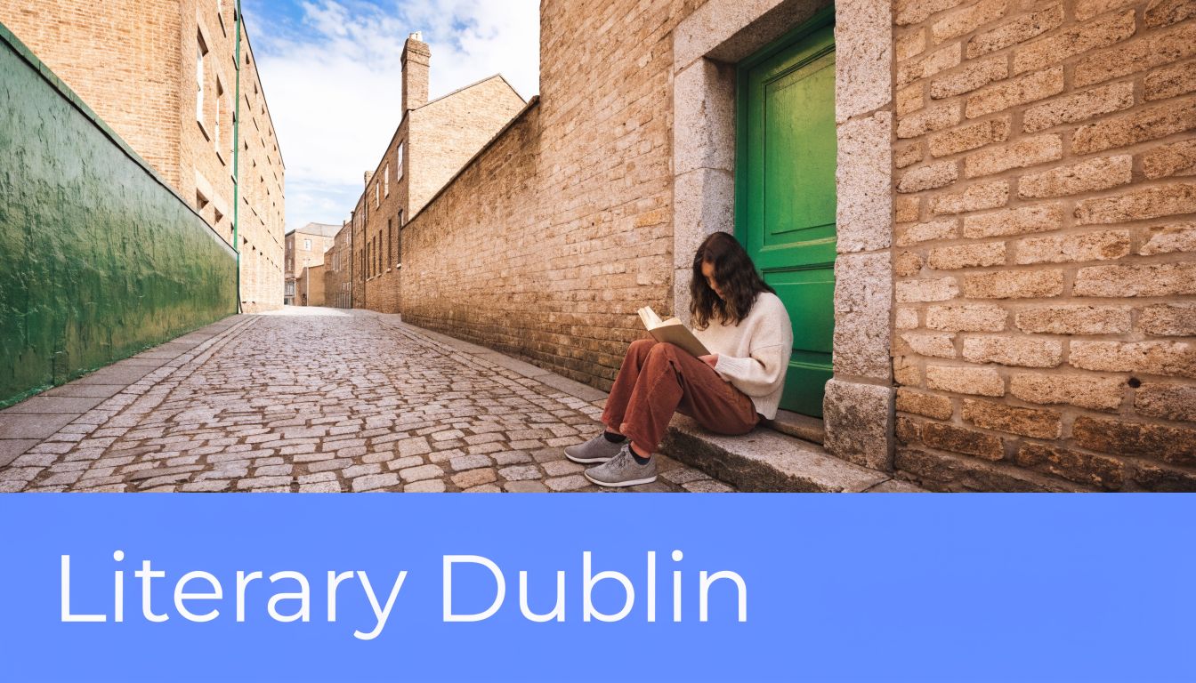 A woman sits on a cobblestone street doorstep reading a book in a historic Dublin alleyway.