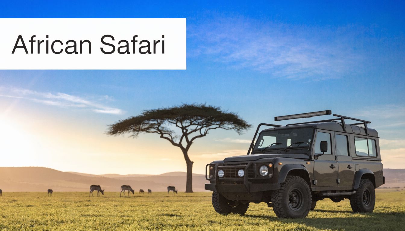 A black safari vehicle parked in a grassy savannah field with an acacia tree and wildlife