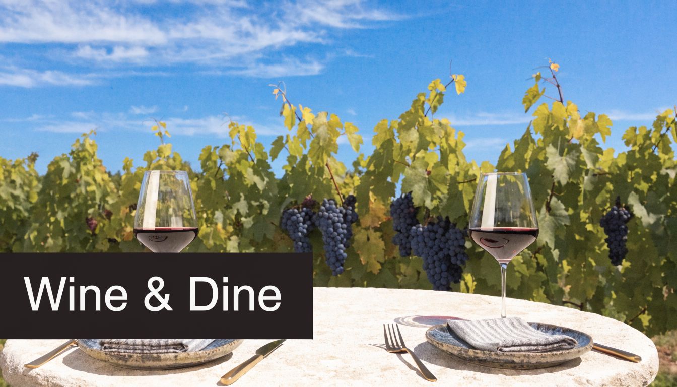 Two wine glasses filled with red wine sit on a stone table in a sunny vineyard.