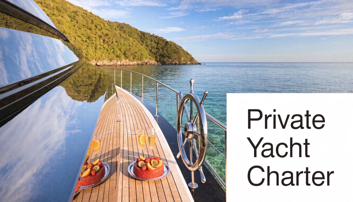 A view from the deck of a luxury yacht showing fruit topped cakes and champagne by the ocean.