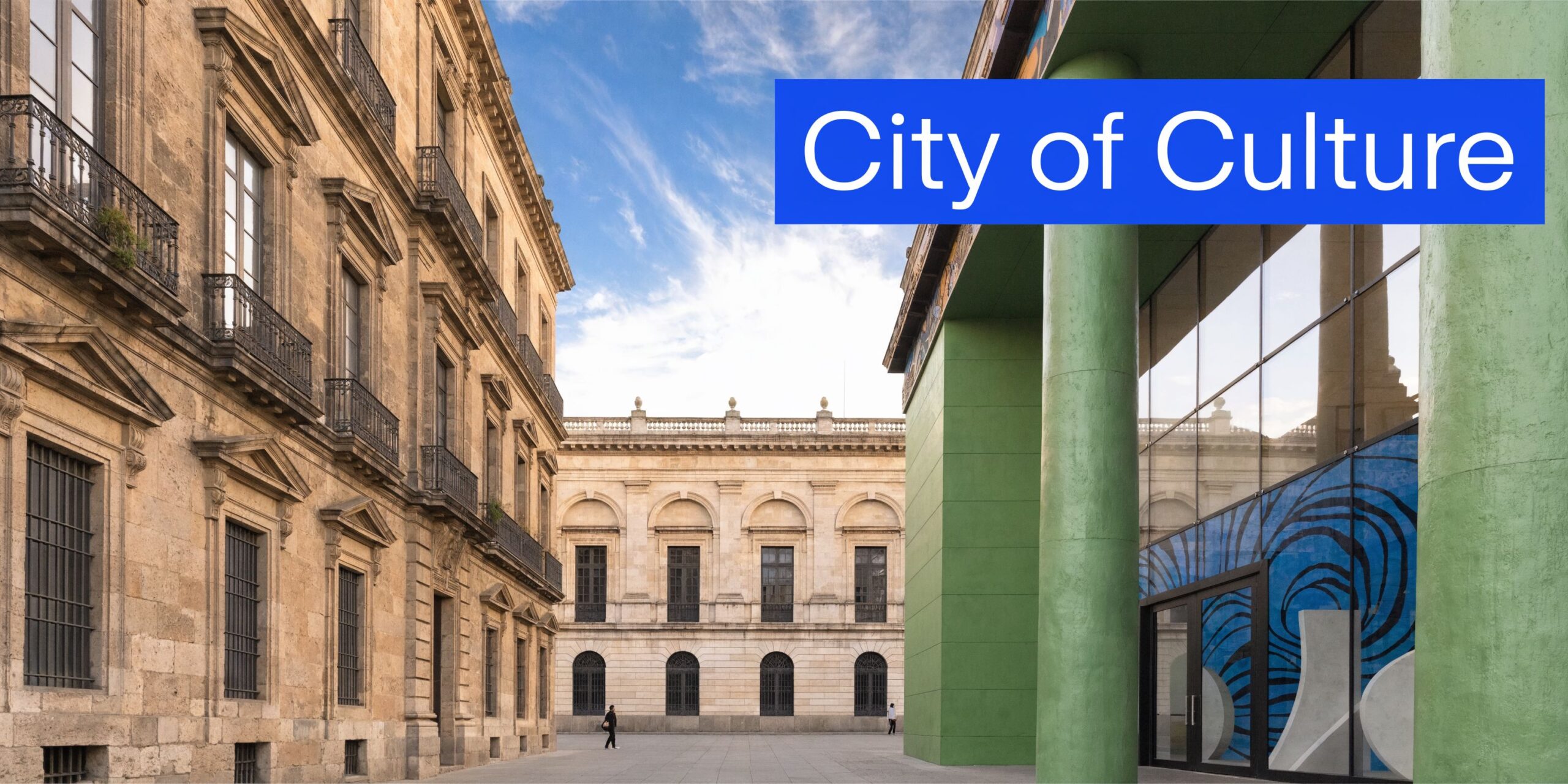 A scenic contrast between historic colonial architecture and modern, vibrant green pillars in a Mexican city square.