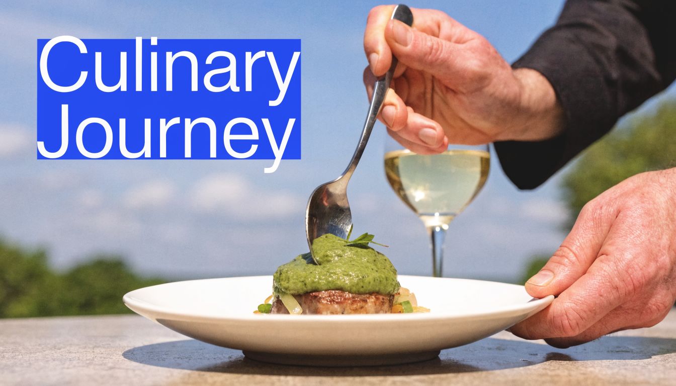 A chef prepares a gourmet dish with a green sauce in a scenic outdoor setting for celebration.