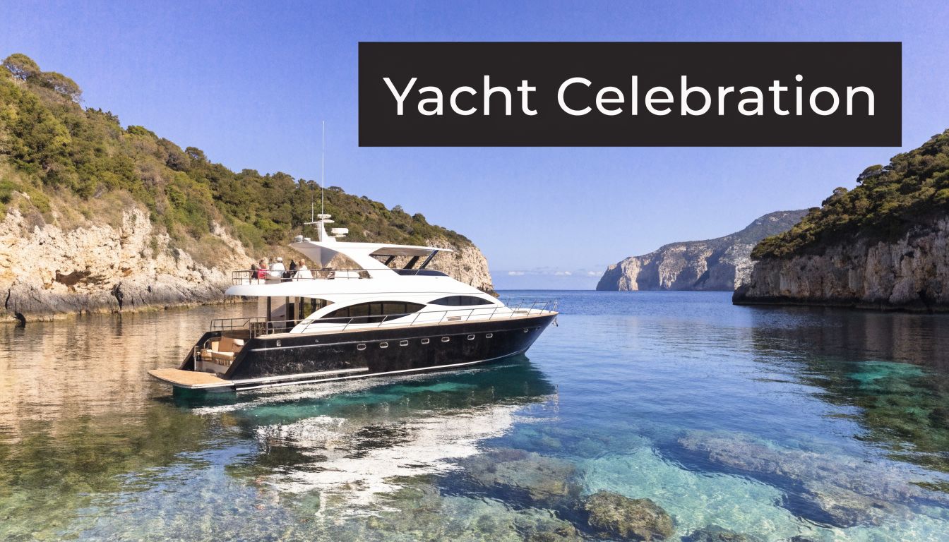 A luxurious yacht anchored in a calm, clear blue bay surrounded by rocky coastal cliffs on a sunny day.