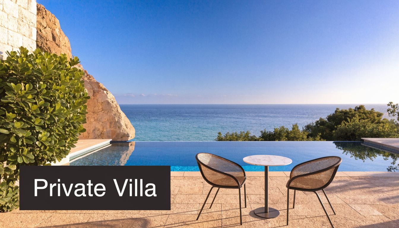 A luxurious private villa with a scenic infinity pool overlooking the blue ocean during daytime.